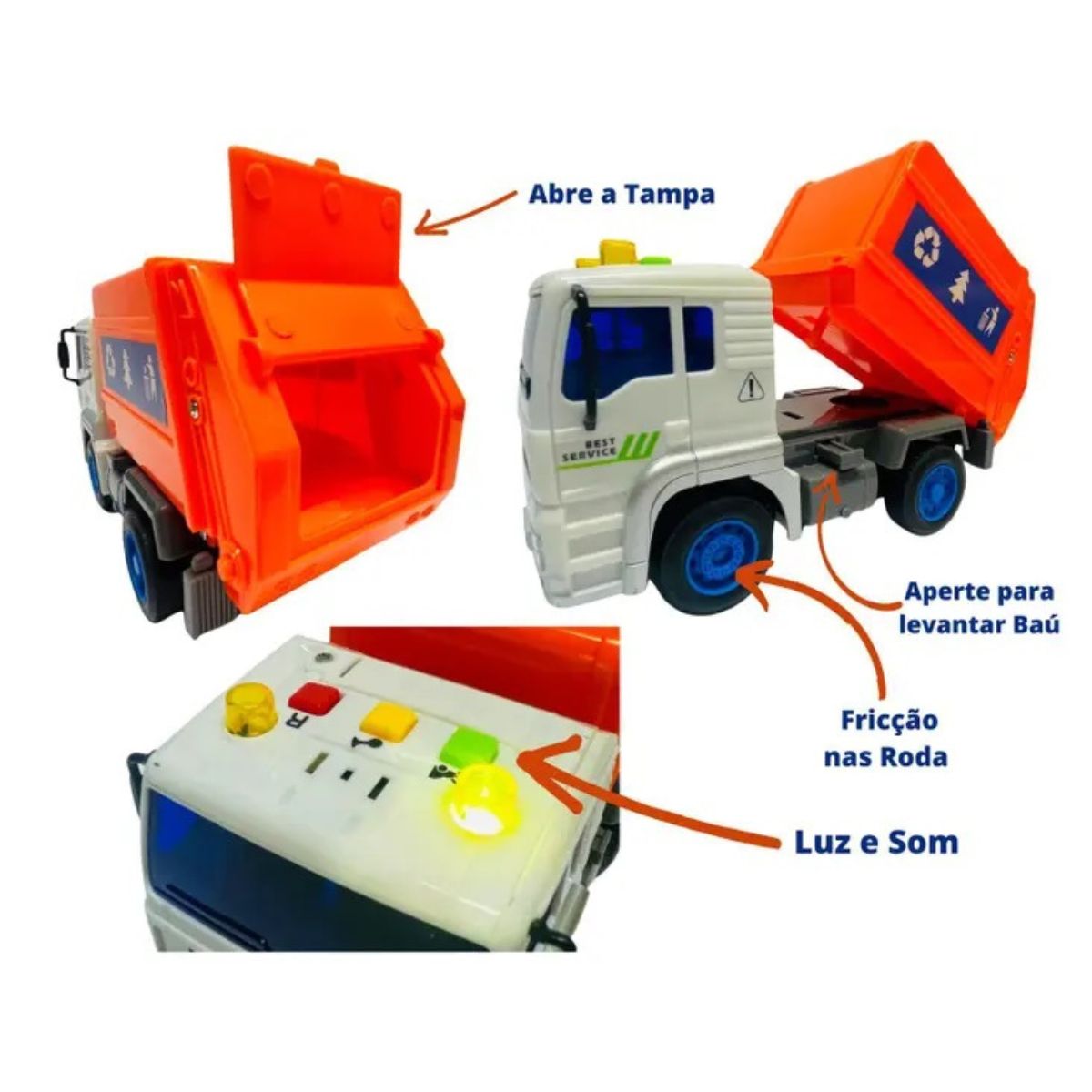 Caminhão Fricção Coleta Lixo Laranja Com Som E Luz - Dm Toys Caminhão Fricção Coleta Lixo Laranja Com Som E Luz - Dm Toys